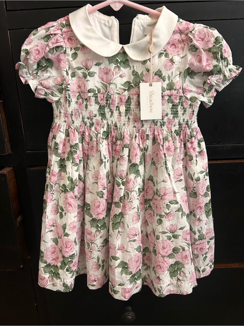 Patachou Pink Rose Print Smocked Kids Dress with Peter Pan Collar